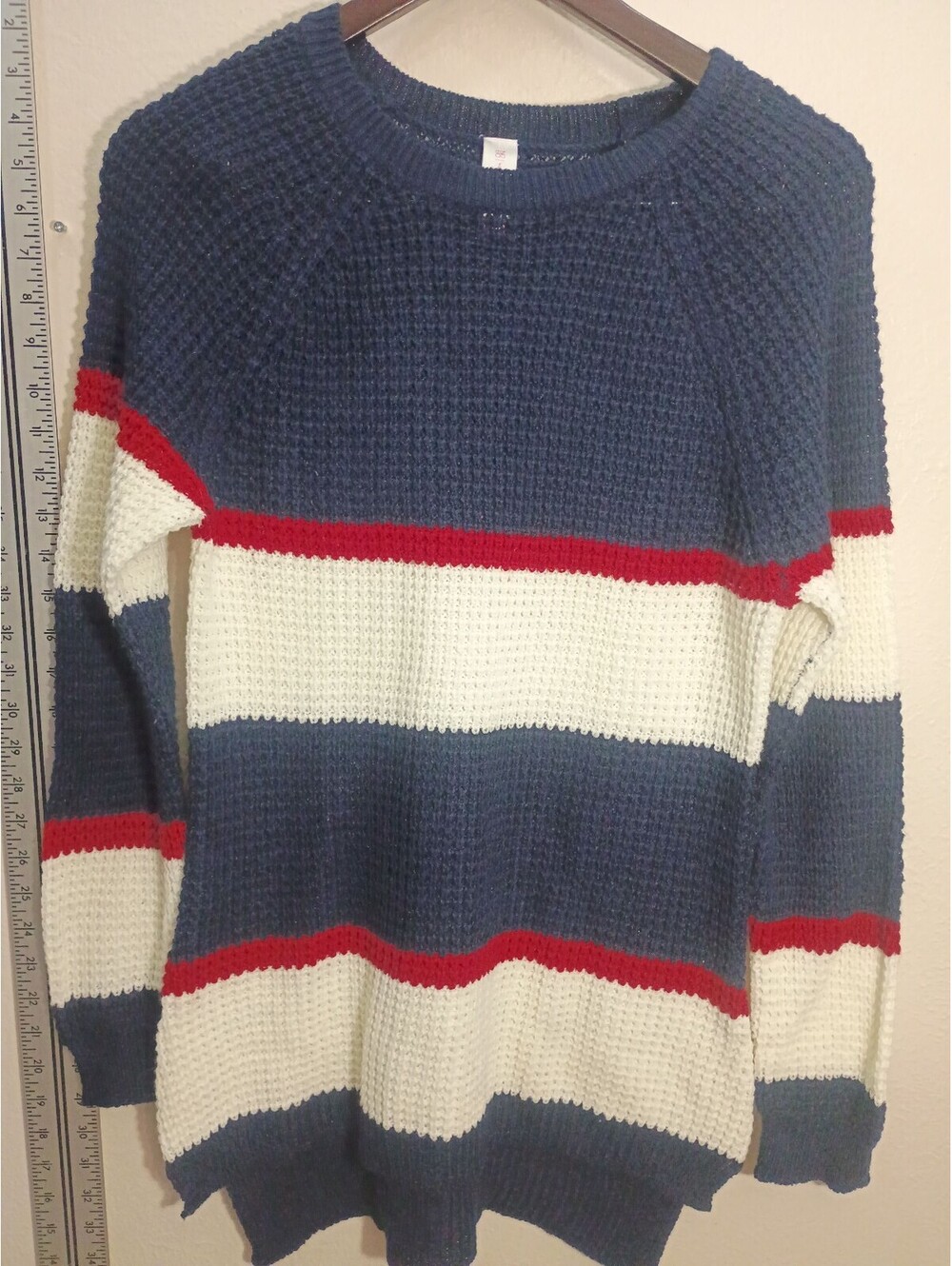 No Boundaries Women's XL Navy Blue, White, and Red Striped Pullover Sweater